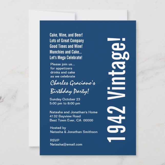 Modern 1942 Vintage Birthday Blue White Red Invitation (Front)