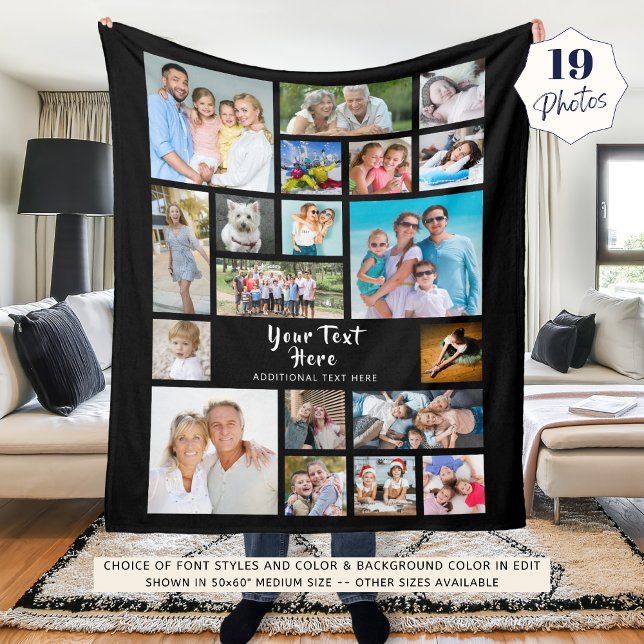 Modern 19 Photo Collage Personalized Black Fleece Blanket (Creator Uploaded)