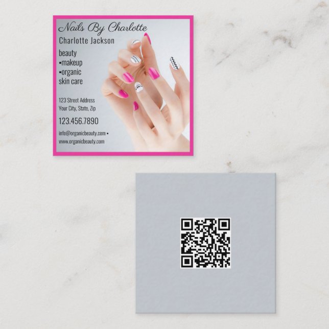 Modern 1 Photo Nail Art Manicure QR Code  Square Business Card (Front/Back)