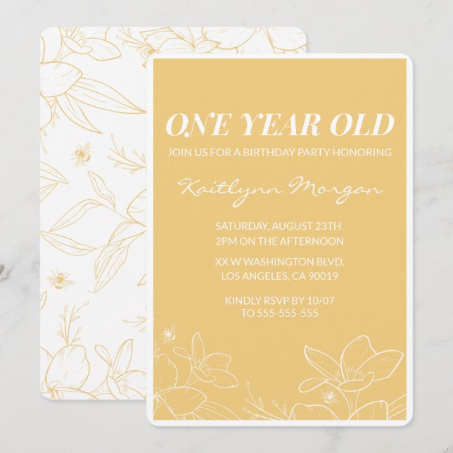 Modern 1st birthday invitations Floral Yellow (Front/Back)