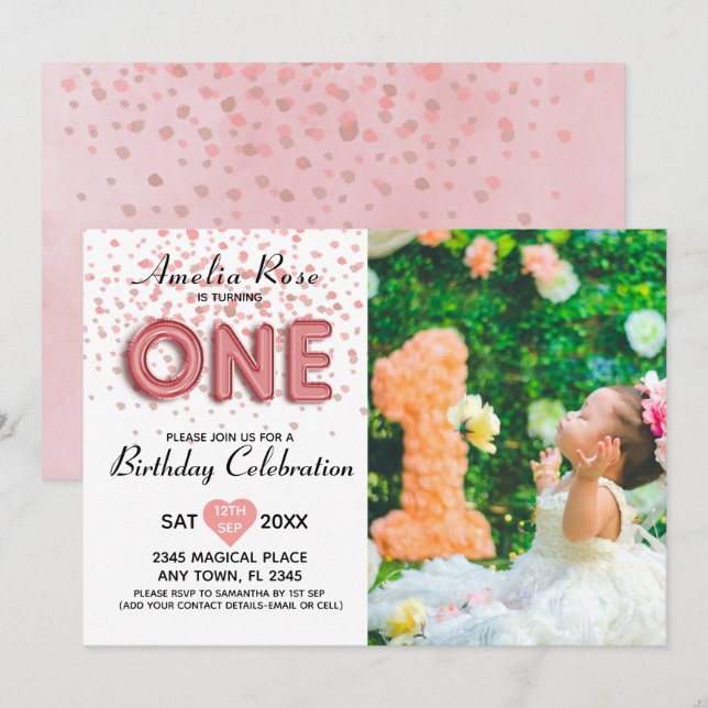 Modern 1st Birthday Pink Confetti Balloon Script  Invitation (Front/Back)