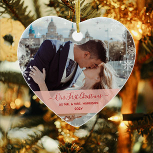 Modern 1st Christmas Mr Mrs 1 Photo Heart Shaped Ceramic Ornament