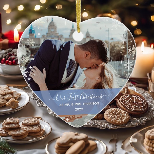 Modern 1st Christmas Mr Mrs 2 Photos Heart Shaped Ceramic Ornament (Modern Elegant Our First Christmas as Mr. & Mrs. Newlyweds 2 Photos Pink Band Calligraphy Name Heart)