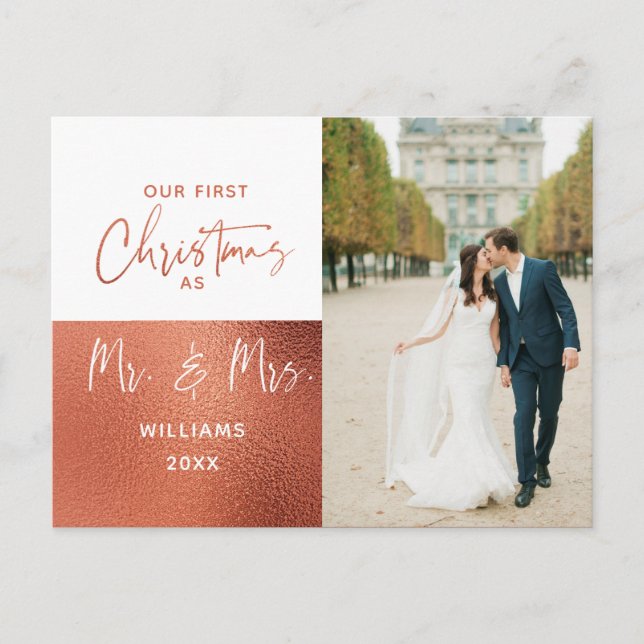 Modern 1st Christmas Mr & Mrs Copper Photo Holiday Postcard (Front)