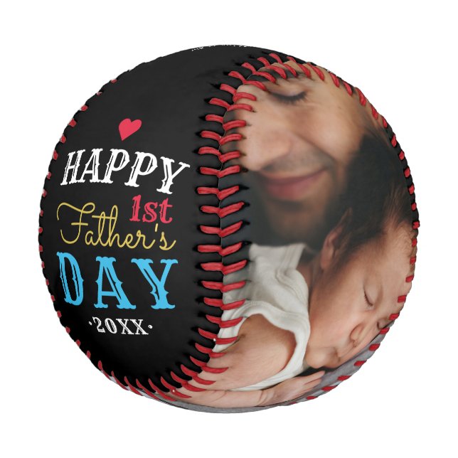 Modern 1st Fathers Day Typography Baby Photo Black Baseball (Angled)