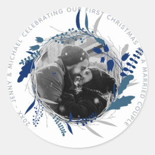 MODERN 1st YEAR Engaged or Married PHOTO Party Classic Round Sticker