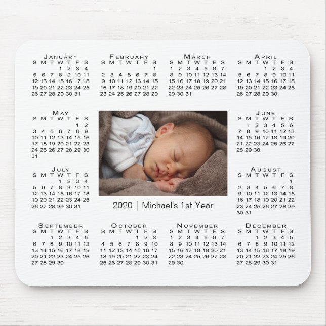 Modern 2020 Calendar Your Photo and Name on White Mouse Pad (Front)