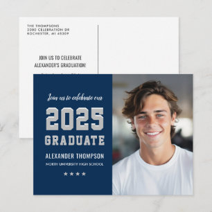 Modern 2021 Graduate Navy Grey Photo Graduation Invitation Postcard