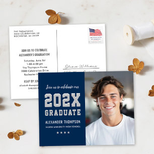 Modern 2021 Graduate Navy Grey Photo Graduation Invitation Postcard
