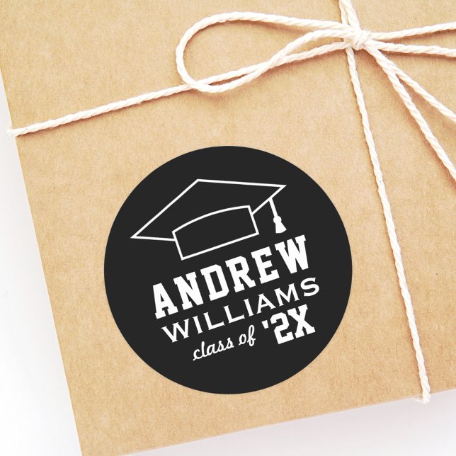 Modern 2023 Black and White Custom Name Graduation Classic Round Sticker (Creator Uploaded)