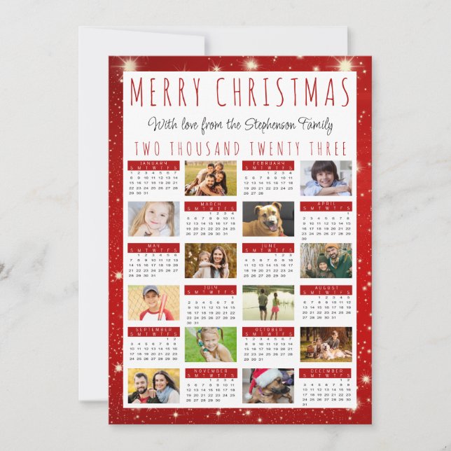 Modern 2023 Calendar 12 Photo Collage Red Lights Holiday Card (Front)