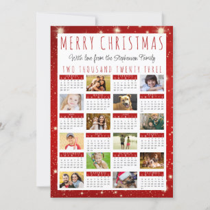 Modern 2023 Calendar 12 Photo Collage Red Lights Holiday Card
