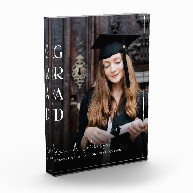 Modern 2024 Grad White Script Overlay Keepsake Photo Block (Left)