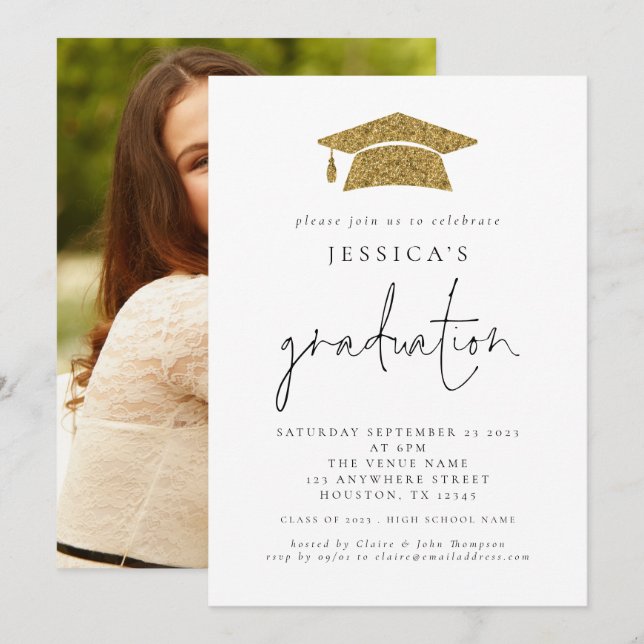 Modern 2024 Graduation Photo Gold Glitter Cap Invitation (Front/Back)