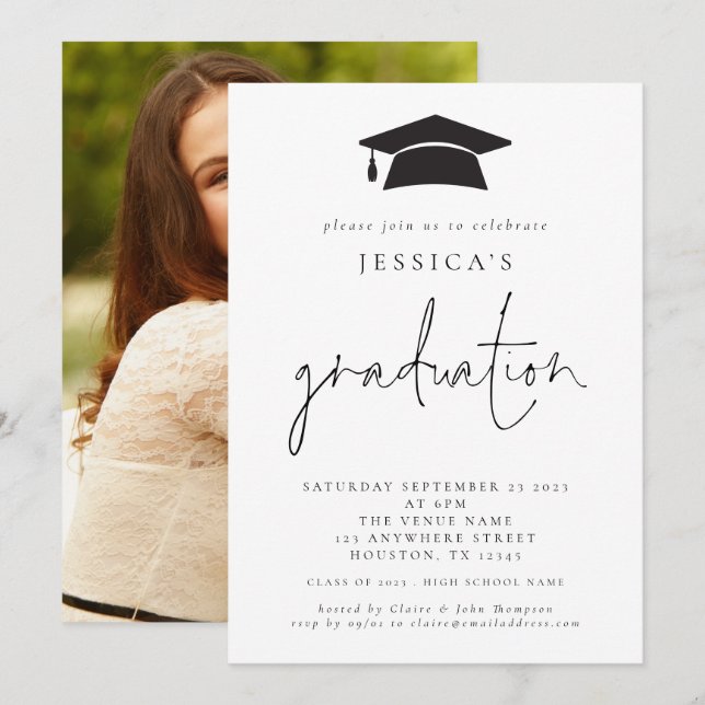 Modern 2024 Graduation Photo Mortar Board Cap Invitation (Front/Back)