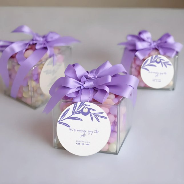 modern 2024 victor Purple Leafs Favour Tags (a gift tag with white background has a purple leafs hanging on a purple gift box on soft background)