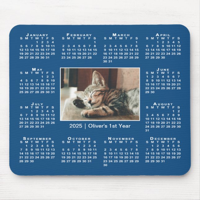Modern 2025 Calendar Your Photo Name on Blue Mouse Pad (Front)