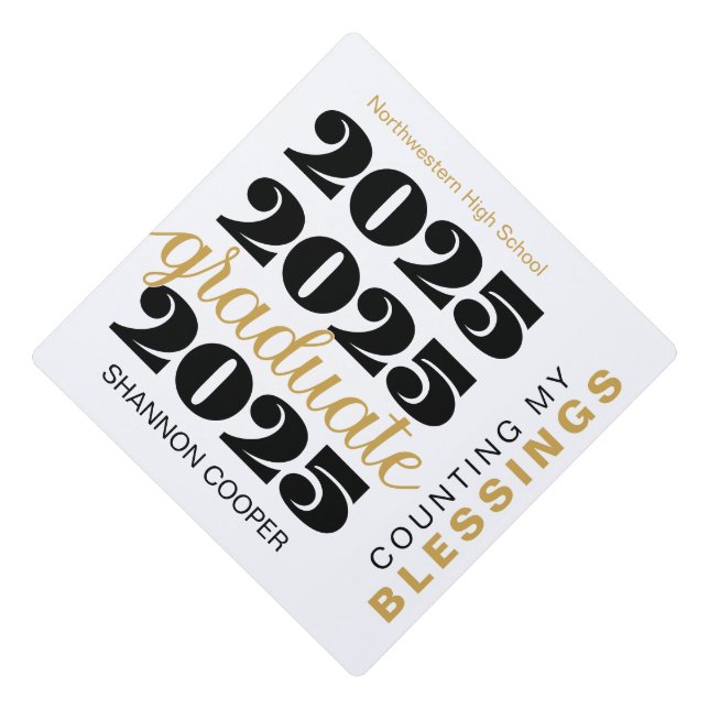 Modern 2025 Gold Counting My Blessings Graduate Graduation Cap Topper (Front)