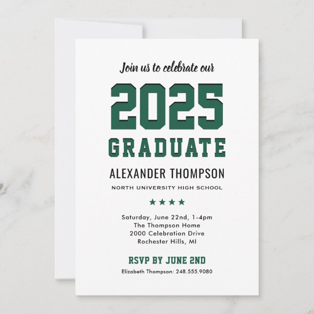 Modern 2025 Graduate Green Graduation Party Invitation (Front)