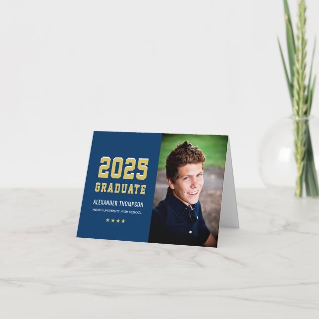Modern 2025 Graduate Navy Gold Photo Graduation Thank You Card (Front)