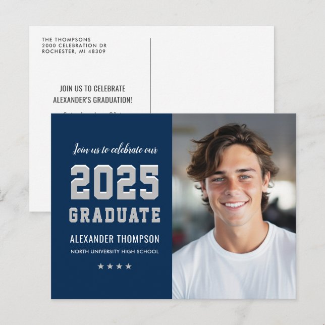 Modern 2025 Graduate Navy Gray Photo Graduation Invitation Postcard (Front/Back)