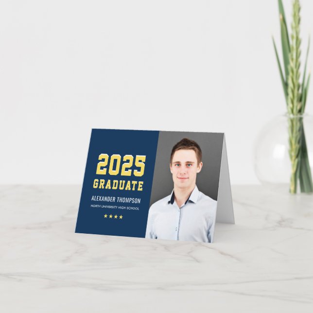 Modern 2025 Graduate Navy Yellow Custom Graduation Thank You Card (Front)