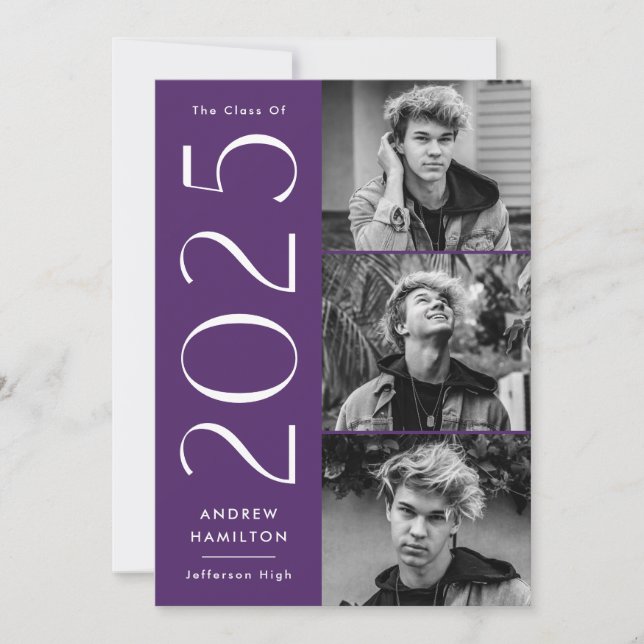 Modern 2025 Purple 3 Photo Graduation Party Invitation (Front)