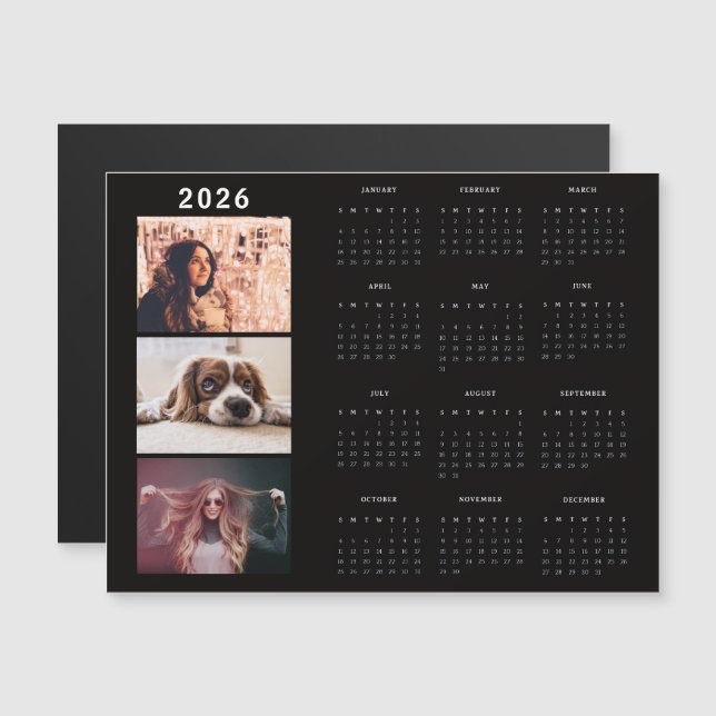 Modern 2026 Calendar 3 Photo Collage Magnet Card (Front/Back)
