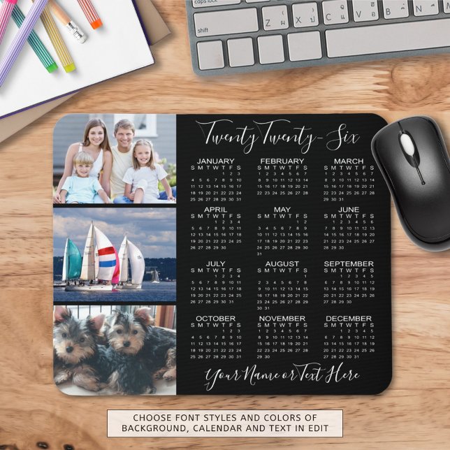 Modern 2026 Calendar 3 Photo Script Personalized Mouse Pad (Creator Uploaded)