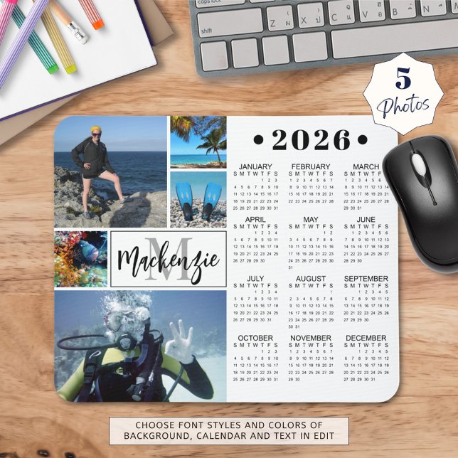 Modern 2026 Calendar 5 Photos Monogram Name Mouse Pad (Creator Uploaded)