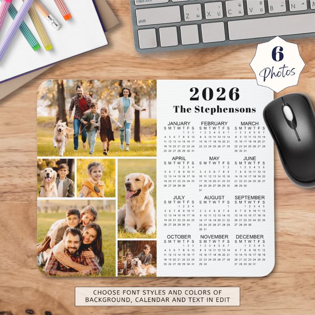 Modern 2026 Calendar 6 Photo Collage Personalized Mouse Pad (Creator Uploaded)