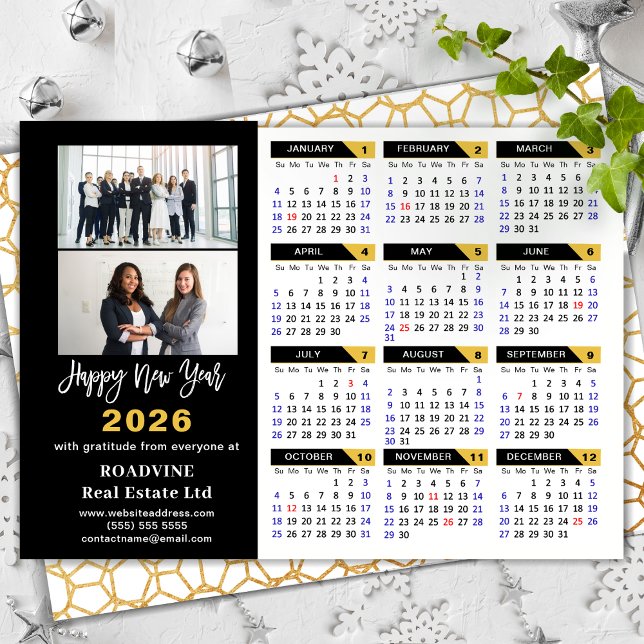 Modern 2026 Calendar Corporate 2 Photo Black Gold Holiday Card (Creator Uploaded)