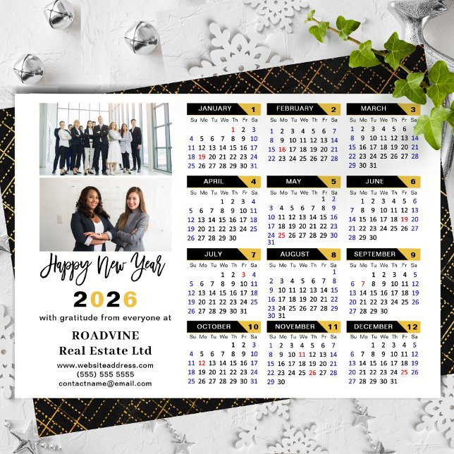 Modern 2026 Calendar Corporate 2 Photo Black Gold Holiday Card (Creator Uploaded)