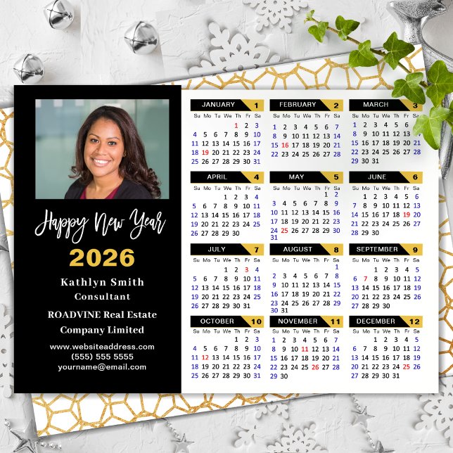 Modern 2026 Calendar Corporate Photo Black Gold Holiday Card (Creator Uploaded)