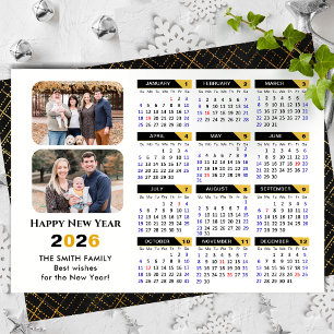Modern 2026 Calendar Family 2 Photo Black Gold Holiday Card