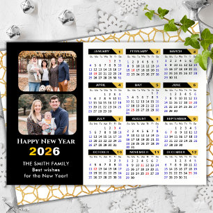 Modern 2026 Calendar Family 2 Photo Black Gold Holiday Card