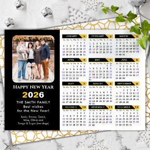 Modern 2026 Calendar Photo Black Gold Minimalist Holiday Card