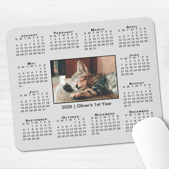 Modern 2026 Calendar Your Photo Name on Grey Mouse Pad (Modern 2026 Calendar Your Photo Name on Grey Mouse Pad, in situ)