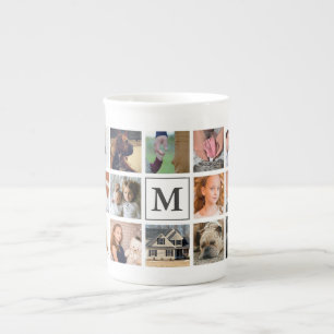 Modern 20 Photo Collage Monogram Bone China Mug