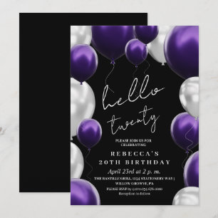 Modern 20th Birthday Black Silver Purple Balloons Invitation