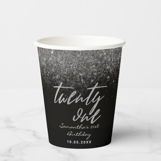 Modern 21st Birthday Black and Silver Glitter Paper Cups (Front)