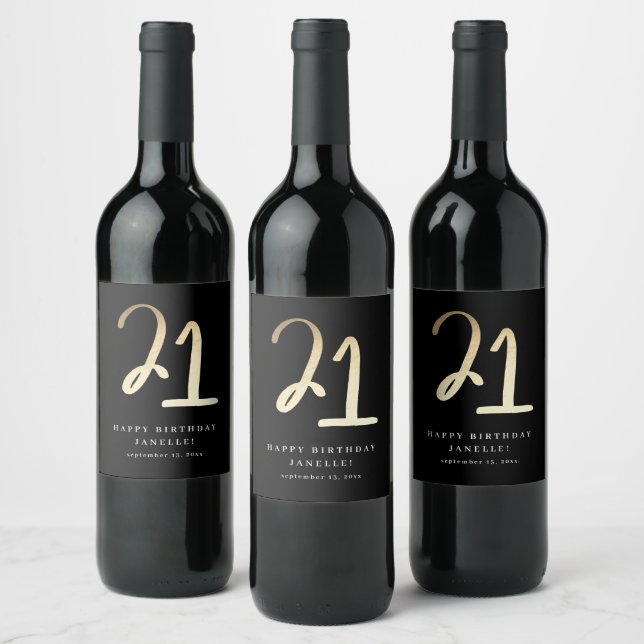 Modern 21st Birthday Black & Gold Script Wine Label (Bottles)