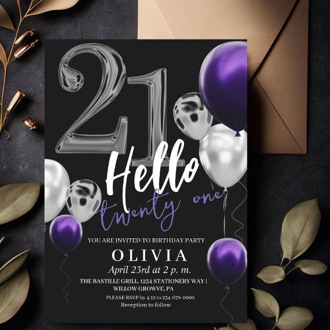 Modern 21st Birthday Black Silver Purple Balloons  Invitation (Creator Uploaded)