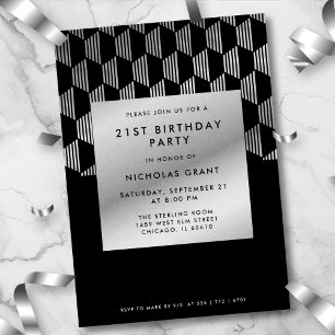 Modern 21st Birthday Classy Black Faux Silver Foil Invitation