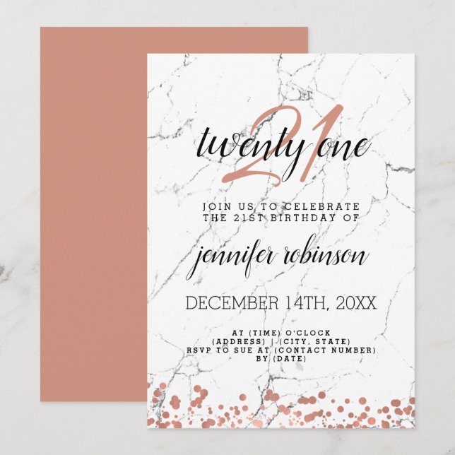 Modern 21st Birthday Party Rose Gold Marble Invitation (Front/Back)