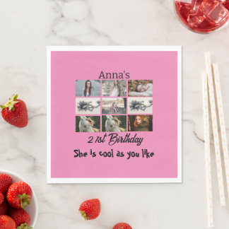 Modern 21st Birthday personalized 9 Photo Collage Napkin
