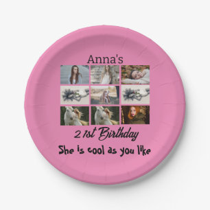 Modern 21st Birthday personalized 9 Photo Collage Paper Plate