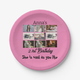 Modern 21st Birthday personalized 9 Photo Collage Paper Plate