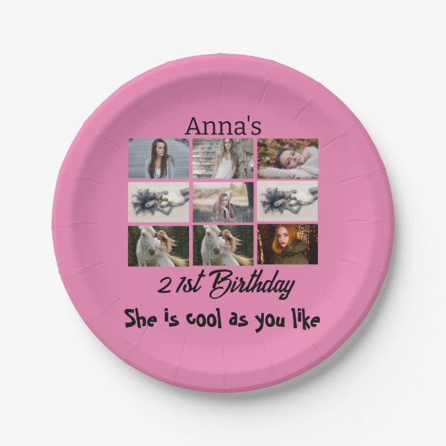 Modern 21st Birthday personalized 9 Photo Collage Paper Plate (Front)