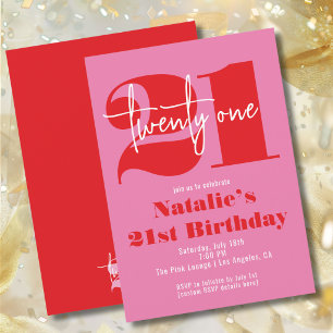 Modern 21st Birthday Pink Red Bold Typography Invitation